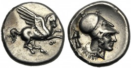 Corinthia, Stater, Corinth, c. 415-387 BC AR (g 8,51 mm 19 h 8) Pegasos flying r. below, Ϙ, Rv. Head of Athena r., wearing Corinthian helmet at l., th...