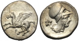Corinthia, Stater, Corinth, c. 415-387 BC AR (g 8,21 mm 23 h 5) Pegasos flying l. below Ϙ, Rv. Head of Athena l., wearing Corinthian helmet at l., two...
