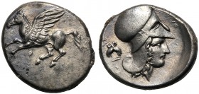 Corinthia, Stater, Corinth, c. 415-387 BC AR (g 7,99 mm 22 h 12) Pegasos flying l. below, Ϙ, Rv. Head of Athena r., wearing Corinthian helmet above, E...