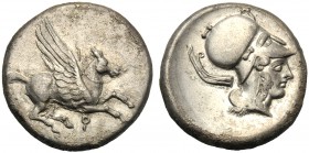 Corinthia, Stater, Corinth, c. 415-387 BC AR (g 8,40 mm 20 h 10) Pegasos flying r. below Ϙ, Rv. Head of Athena r., wearing Corinthian helmet at l., ap...