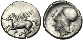 Corinthia, Stater, Corinth, c. 415-387 BC AR (g 8,46 mm 20 h 3) Pegasos flying l. below, Ϙ, Rv. Head of Athena l., wearing Corinthian helmet at ll., d...