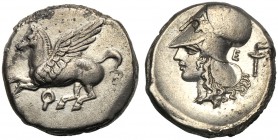 Corinthia, Stater, Corinth, c. 386-307 BC AR (g 8,45 mm 20 h 9) Pegasos flying l. below, Ϙ, Rv. Head of Athena l., wearing Corinthian helmet at r., E ...