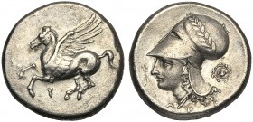 Corinthia, Stater, Corinth, c. 386-307 BC AR (g 8,36 mm 21 h 12) Pegasos flying l. below Ϙ, Rv. Head of Athena l., wearing Corinthian helmet, decorate...