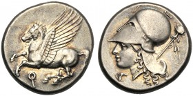 Corinthia, Stater, Corinth, c. 375-300 BC AR (g 8,55 mm 20 h 3) Pegasos flying l. below, Ϙ, Rv. Head of Athena l., wearing Corinthian helmet at r., th...