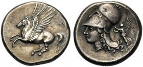 Corinthia, Stater, Corinth, c. 375-300 BC AR (g 8,53 mm 20 h 6) Pegasos flying l. below Ϙ, Rv. Head of Athena l., wearing Corinthian helmet at l. I, a...