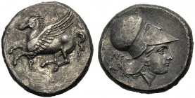 Corinthia, Stater, Corinth, c. 375-345 BC AR (g 8,37 mm 20 h 9) Pegasos flying l. below, Ϙ, Rv. Head of Athena r., wearing Corinthian helmet at l., N,...