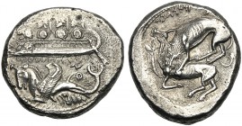 Phoenicia, Tetradrachm or Shekel, Byblos, (Gebal), “Ozba’al”, c. 400-376 BC AR (g 13,26 mm 25 h 3) Galley l. above three hoplites with helmets and shi...