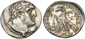 Phoenicia, Shekel, Tyre, c. 125-65 BC AR (g 14,38 mm 28 h 12) Laureate bust of Melqart r. around border of dots, Rv. TYPOY IEPAΣ KAI AΣYΛOY, eagle sta...