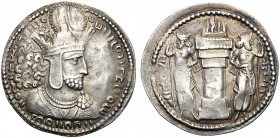 Sasanian kings, Shahpur I (241-272), Drachm, AD 241-272 AR (g 4,39 mm26 h 3) Decorated facing bust r., wearing mural crown with earmuffs and surmounte...