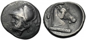 Anonymous, Didrachm, Neapolis (?), 310-300 BC AR (g 7,08 mm 20 h 6) Helmeted head of Mars l. behind, oak-spray, Rv. Horse’s head r., on base inscribed...