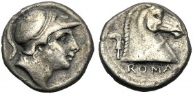 Anonymous, Didrachm, Rome, 241-235 BC AR (g 6,56 mm 19 h 7) Helmeted head of Mars r., Rv. Bridled horse’s head r. behind, sickle below, ROMA. Crawford...