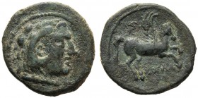 Anonymous (second L series), Semuncia, Luceria, 211-208 BC AE (g 3,42 mm 18 h 3) Head of Hercules r., wearing lion’s skin below, club before, L, Rv. P...