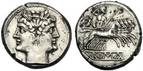 Anonymous, Quadrigatus, Uncertain mint, c. 225-214 BC AR (g 6,06 mm 20 h 9) Laureate janiform head of Dioscuri, Rv. Jupiter in quadriga driven by Vict...