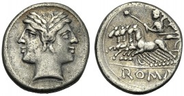 Anonymous, Drachm or “half quadrigatus”, Rome, 225-214 BC AR (g 3,25 mm 17 h 5) Laureate janiform head of Dioscuri, Rv. Jupiter in quadriga driven by ...