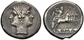 Anonymous, Quadrigatus, Uncertain mint, 225-214 BC AR (g 6,23 mm 22 h 6) Laureate janiform head of Dioscuri, Rv. Jupiter in quadriga driven by Victory...
