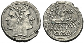 Anonymous, Quadrigatus, Uncertain mint, 225-214 BC AR (g 6,59 mm 21 h 6) Laureate janiform head of Dioscuri below, dot, Rv. Jupiter in quadriga driven...