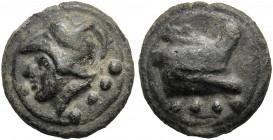 Anonymous, Cast Triens, Rome, 225-217 BC AE (g 96,61 mm 45 h 12) Helmeted head of Minerva l. below, °°°°, Rv. Prow r. below, °°°°. Crawford 35/3a Syde...