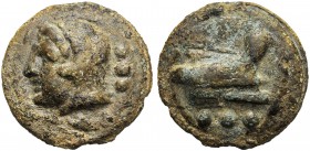 Anonymous, Cast Quadrans, Rome, 225-217 BC AE (g 62,87 mm 42 h 12) Head of Hercules l., wearing lion’s skin behind, °°°, Rv. Prow r. below, °°°. Crawf...