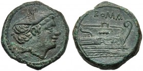 Anonymous (semilibral), Semuncia, Rome, 217-215 BC AE (g 6,96 mm 20 h 6) Head of Mercury r., wearing winged petasus, Rv. Prow r. above, ROMA. Crawford...