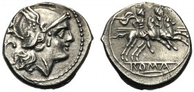 Anonymous, Sestertius, Rome, traditionally after 211 BC AR (g 1,09 mm 12 h 12) Helmeted head of Roma r. behind, IIS, Rv. The Dioscuri galloping r. bel...