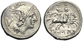 Anonymous, Quinarius, Uncertain mint, traditionally after 211 BC AR (g 2,29 mm 16 h 11) Helmeted head of Roma r. behind, V, Rv. The Dioscuri galloping...