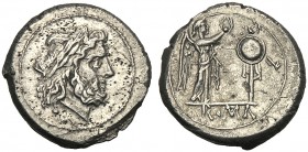 Anonymous, Victoriatus, Rome, traditionally after 211 BC AR (g 3,25 mm 17 h 9) Laureate head of Jupiter r., Rv. Victory standing r., crowning trophy i...