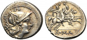 Anonymous, Denarius, Rome, traditionally after 211 BC AR (g 3,63 mm 19 h 6) Helmeted head of Roma r. behind, X, Rv. The Dioscuri galloping r. in ex. R...