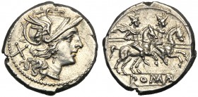 Anonymous, Denarius, Rome, traditionally after 211 BC AR (g 4,08 mm 19 h 9) Helmeted head of Roma r. behind, X, Rv. The Dioscuri galloping r. in ex. R...