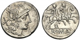 Anonymous, Denarius, Rome, traditionally after 211 BC AR (g 3,58 mm 19 h 9) Helmeted head of Roma r. behind, X, Rv. The Dioscuri galloping r. in ex. R...
