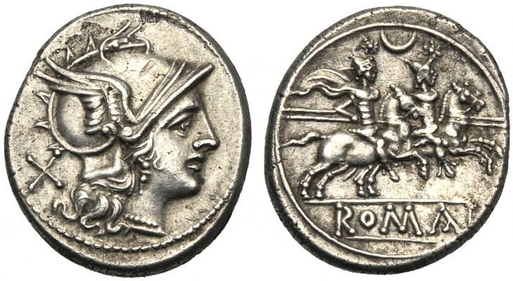 Anonymous (first crescent series), Denarius, Rome, 207 BC AR (g 4,18 mm 20 h 12)...