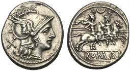 Anonymous (first crescent series), Denarius, Rome, 207 BC AR (g 4,18 mm 20 h 12) Helmeted head of Roma r. behind, X, Rv. The Dioscuri galloping r. abo...