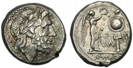 Anonymous (C - M series), Victoriatus, Sicily, c. 211-208 BC AR (g 3,28 mm 16 h 3) Laureate head of Jupiter r. behind, C, Rv. Victory standing r., cro...