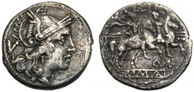 C. Terentius Varro, Quinarius, Sicily, 209-208 BC AR (g 1,94 mm 15 h 6) Helmeted head of Roma r. behind, V, Rv. The Dioscuri galloping r. below, C VAR...