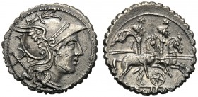 Anonymous (wheel series), Denarius serratus, Sicily (?), 209-208 BC AR (g 3,72 mm 20 h 12) Helmeted head of Roma r. behind, X, Rv. The Dioscuri gallop...