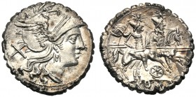 Anonymous (wheel series), Denarius serratus, Sicily (?), 209-208 BC AR (g 3,61 mm 18 h 9) Helmeted head of Roma r. behind, X, Rv. The Dioscuri gallopi...