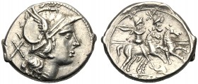 Anonymous (dolphin first series), Denarius, Sicily (?), c. 209-208 BC AR (g 4,45 mm 19 h 12) Helmeted head of Roma r. behind, X, Rv. The Dioscuri gall...