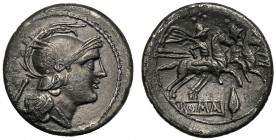 Anonymous (first spearhead series), Quinarius,South-East Italy, c. 211-210 BC AR (g 1,61 mm 15 h 12) Helmeted head of Roma r. behind, V, Rv. The Diosc...