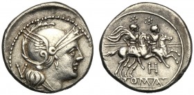 Anonymous (H series), Quinarius, South-East Italy, 211-210 BC AR (g 2,18 mm 16 h 3) Helmeted head of Roma r. behind, V, Rv. The Dioscuri galloping r. ...
