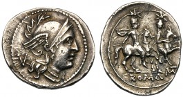 Anonymous (MT series), Quinarius, Apulia, 211-210 BC AR (g 2,04 mm 17 h 9) Helmeted head of Roma r. behind, V, Rv. The Dioscuri galloping r. below, MT...