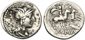 Anonymous (shield and carnyx series), Denarius, Uncertain mint, c. 206-200 BC AR (g 4,33 mm 21 h 12) Helmeted head of Roma r. behind, X, Rv. The Diosc...
