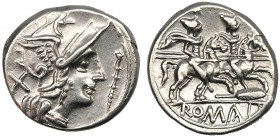 Anonymous (staff and feather series), Denarius, Uncertain mint, 206-200 BC AR (g 2,99 mm 17 h 11) Helmeted head of Roma r. behind, X before, staff, Rv...