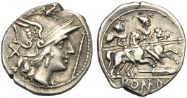 Anonymous (staff and feather series), Denarius, Uncertain mint, 206-200 BC AR (g 2,81 mm 18 h 5) Helmeted head of Roma r. behind, X before, staff, Rv....
