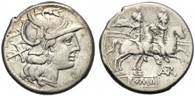 L. Autronius, Denarius, Rome, c. 189-180 BC AR (g 3,83 mm 19 h 3) Helmeted head of Roma r. behind, X, Rv. The Dioscuri galloping r. below, AVTR in ex....