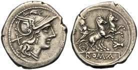 Anonymous (fly series), Denarius, Rome, 179-170 BC AR (g 3,84 mm 20 h 4) Helmeted head of Roma r. behind, X, Rv. Luna in biga r., holding reins below,...