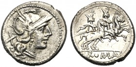Anonymous, Denarius, Rome, 179-170 BC AR (g 3,64 mm 18 h 6) Helmeted head of Roma r. behind, X, Rv. The Dioscuri galloping r. below, ROMA in partial f...