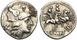 Anonymous (gryphon and hare’s head series), Denarius, Rome, 169-158 BC AR (g 3,47 mm 18 h 12) Helmeted head of Roma r. behind, X, Rv. The Dioscuri gal...