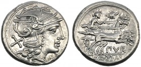 Furius Purpurio, Denarius, Rome, 169-158 BC AR (g 3,29 mm 18 h 11) Helmeted head of Roma r. behind, X, Rv. Luna in biga r. above, murex-shell below, P...