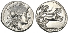 Anonymous, Denarius, Rome, 157-156 BC AR (g 3,75 mm 17 h 3) Helmeted head of Roma r. behind, X, Rv. Victory in biga r., holding goad and reins in ex. ...