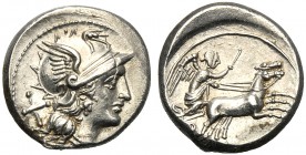 Anonymous, Denarius, Rome, 157-156 BC AR (g 3,84 mm 18 h 12) Helmeted head of Roma r. behind, X, Rv. Victory in biga r., holding goad and reins in ex....
