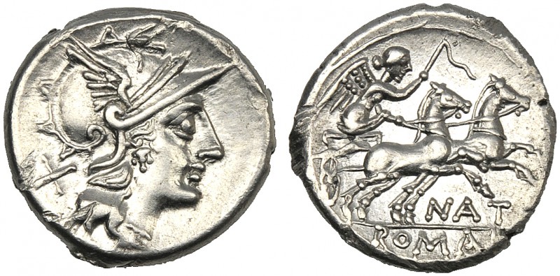 Pinarius Natta, Denarius, Rome, 155 BC AR (g 3,83 mm 18 h 9) Helmeted head of Ro...